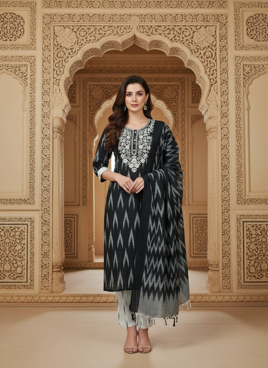 Embroidered Round Neck Straight Kurta & Trousers With Dupatta