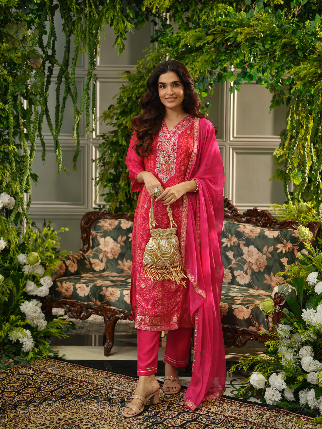 Women Printed Regular Mirror Work Straight Kurta With Trouser & Dupatta