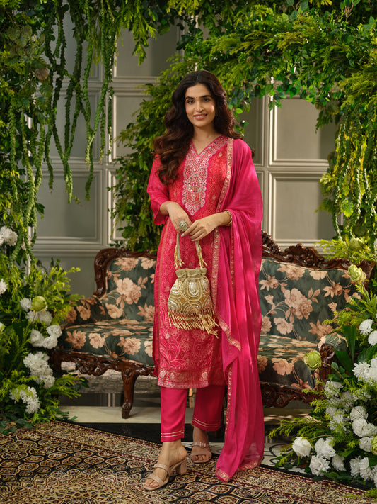 Women Printed Regular Mirror Work Straight Kurta With Trouser & Dupatta