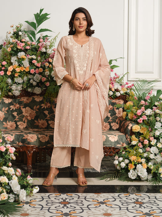 Beige & Pink Embroidered A-Line Kurta Set with Palazzos & Dupatta