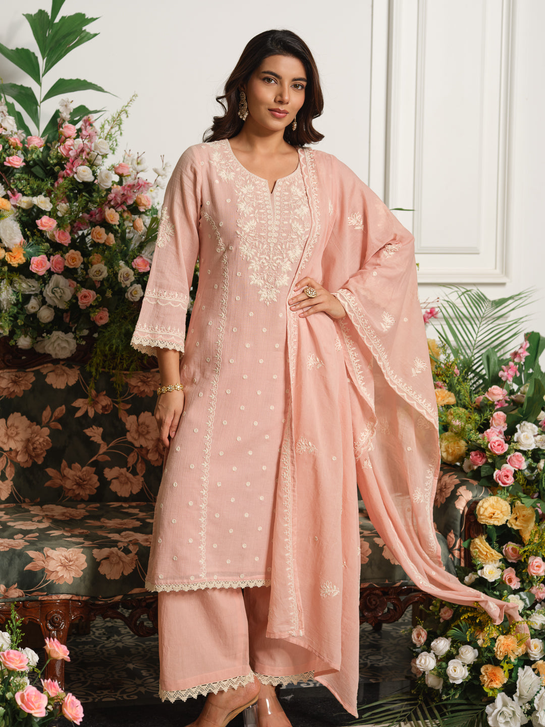 Beige & Pink Embroidered A-Line Kurta Set with Palazzos & Dupatta