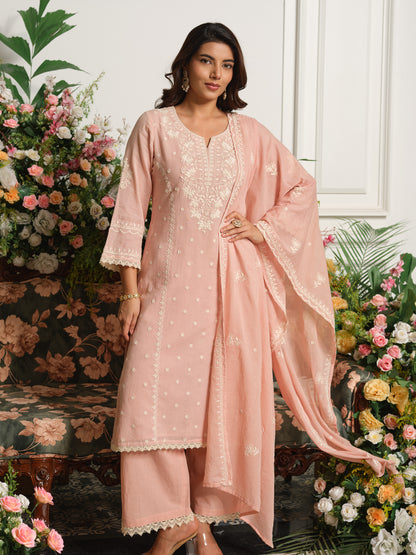 Beige & Pink Embroidered A-Line Kurta Set with Palazzos & Dupatta