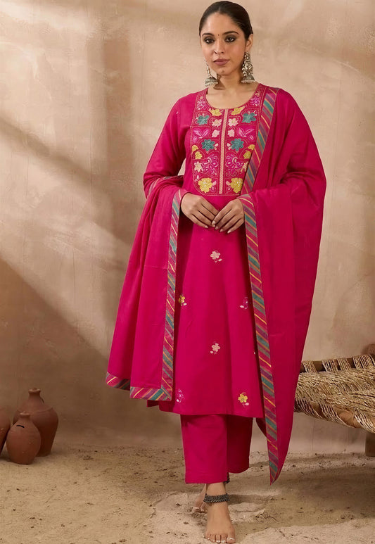 Embroidered Round Neck Kurta & Trousers With Dupatta