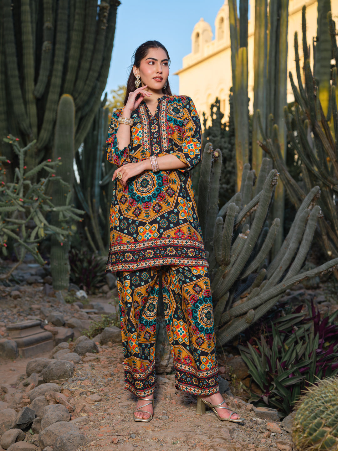 Printed Mandarin Collar Top & Palazzos Co-Ords