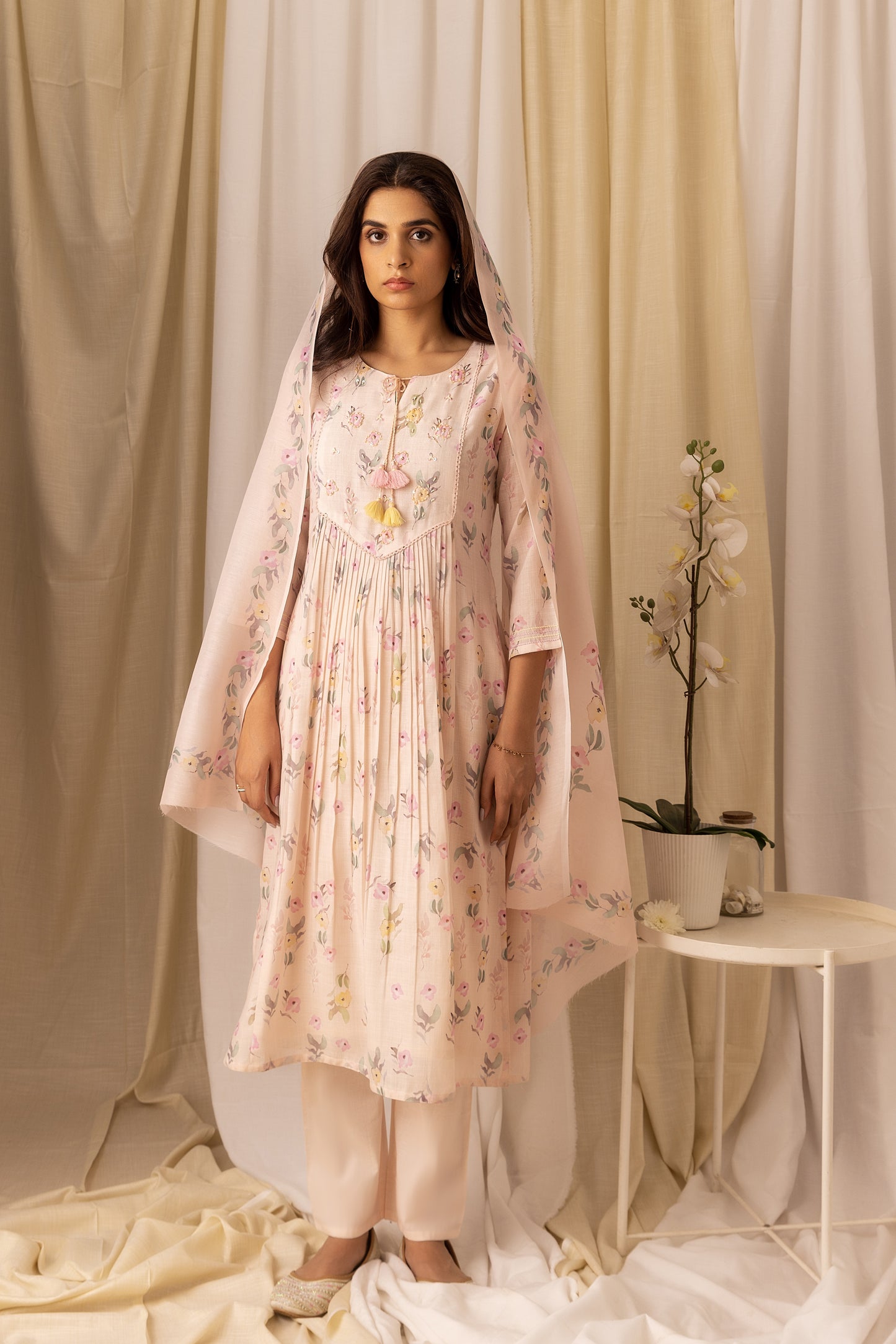 Floral Printed Pleated Style A-Line Kurta With Trousers & Dupatta
