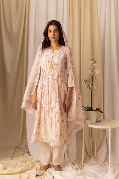 Floral Printed Pleated Style A-Line Kurta With Trousers & Dupatta