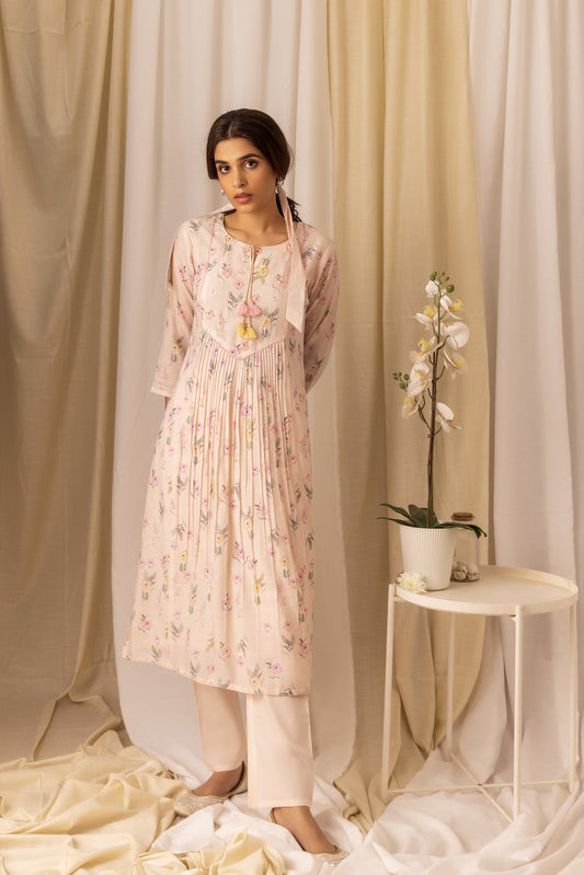 Floral Printed Pleated Style A-Line Kurta With Trousers & Dupatta