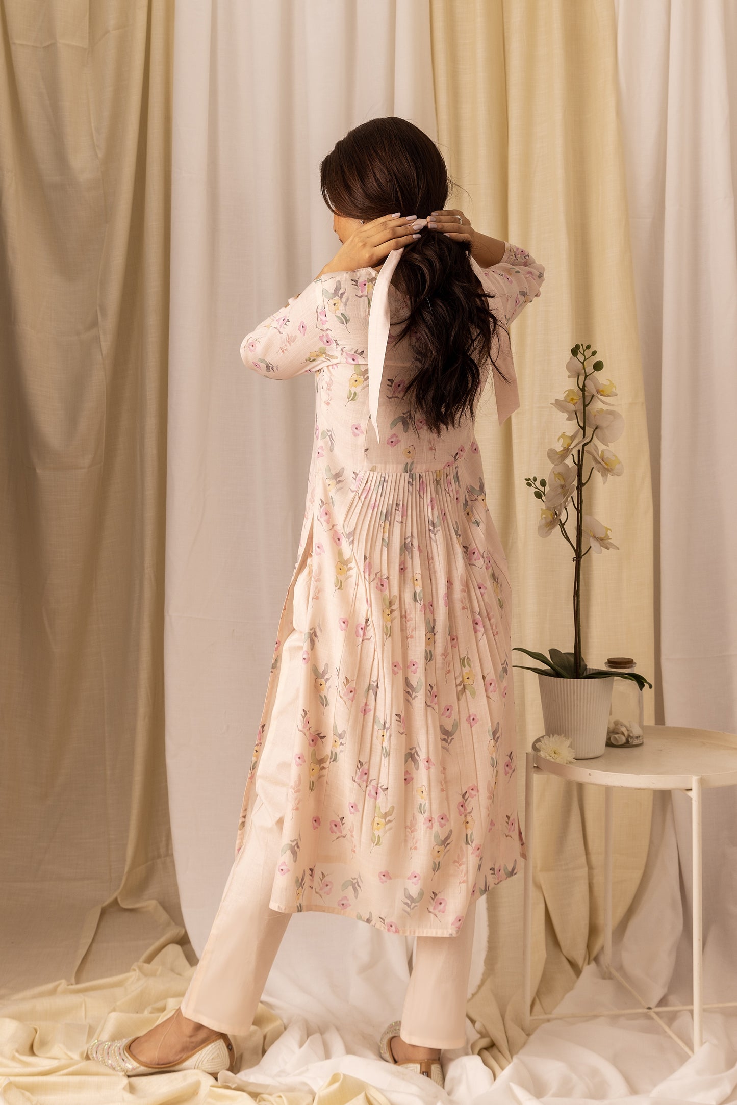 Floral Printed Pleated Style A-Line Kurta With Trousers & Dupatta