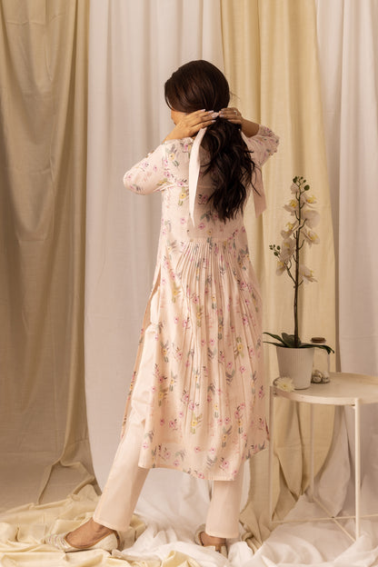 Floral Printed Pleated Style A-Line Kurta With Trousers & Dupatta