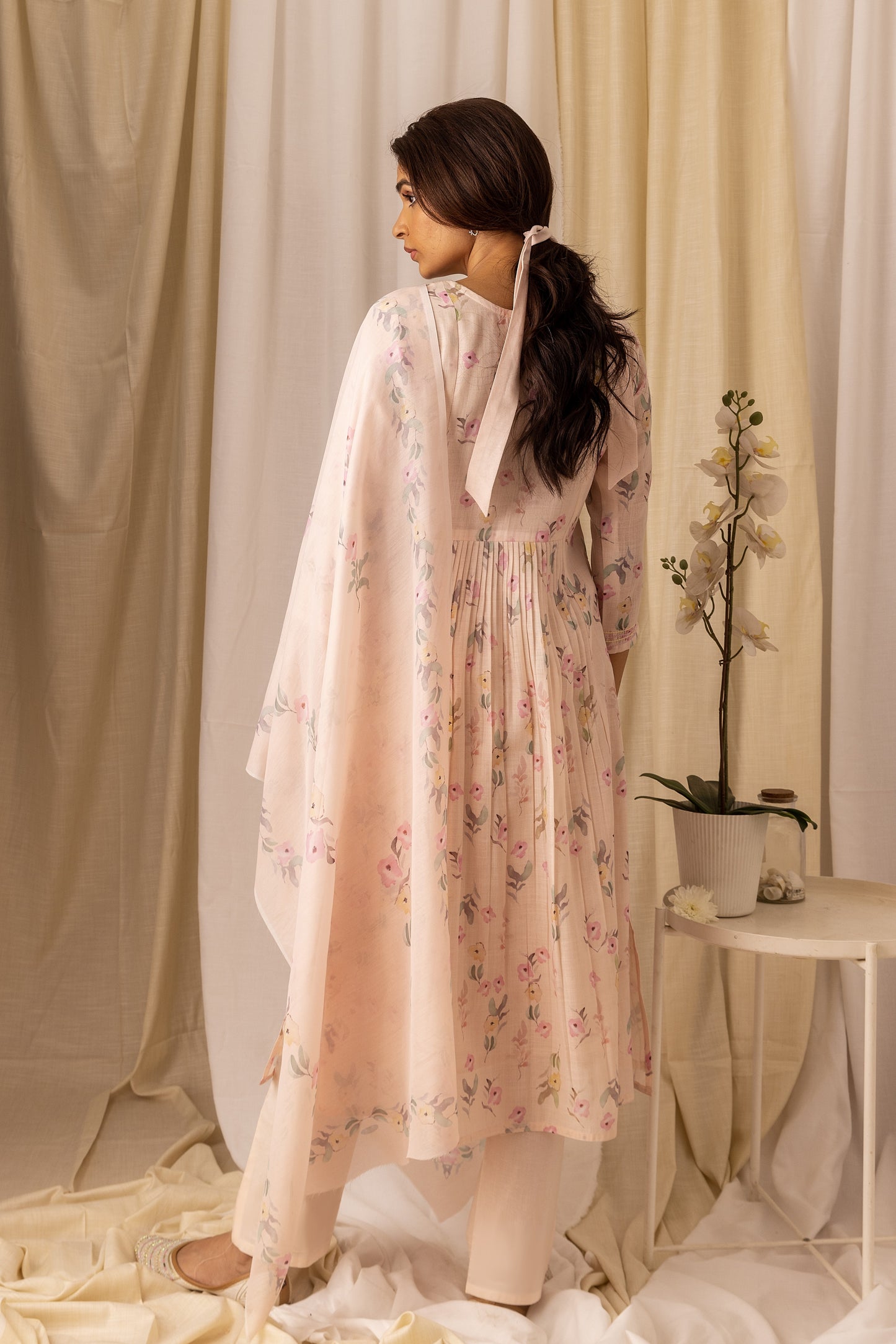 Floral Printed Pleated Style A-Line Kurta With Trousers & Dupatta