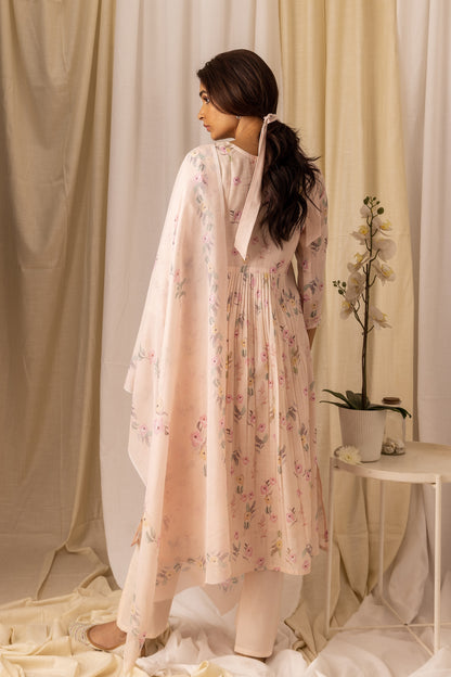 Floral Printed Pleated Style A-Line Kurta With Trousers & Dupatta