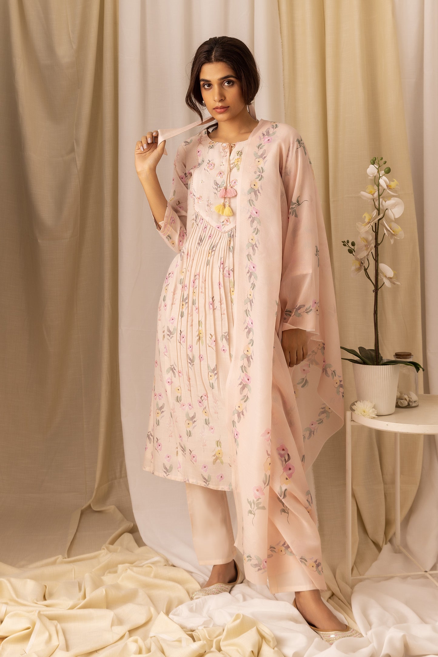 Floral Printed Pleated Style A-Line Kurta With Trousers & Dupatta