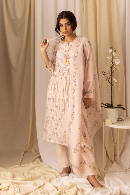 Floral Printed Pleated Style A-Line Kurta With Trousers & Dupatta