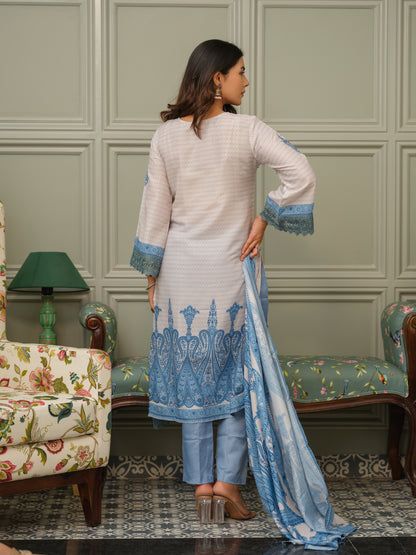 Floral Printed Regular Sequinned Linen Kurta With Trousers & Dupatta