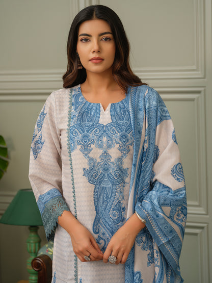Floral Printed Regular Sequinned Linen Kurta With Trousers & Dupatta