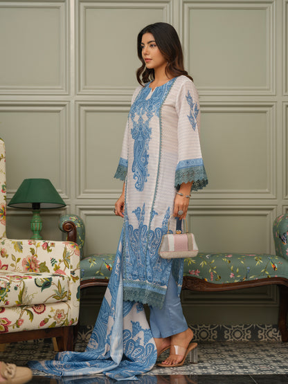 Floral Printed Regular Sequinned Linen Kurta With Trousers & Dupatta
