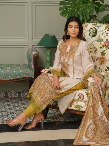 Floral Printed Regular Sequinned Linen Kurta With Trousers & Dupatta