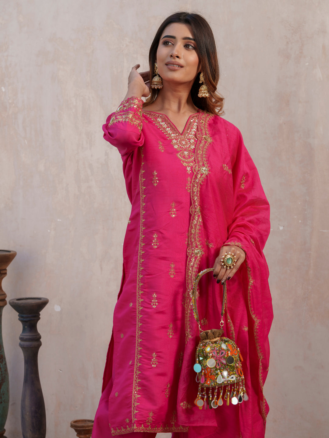 Floral Embroidered Notch Neck Straight Kurta With Trouser & Dupatta