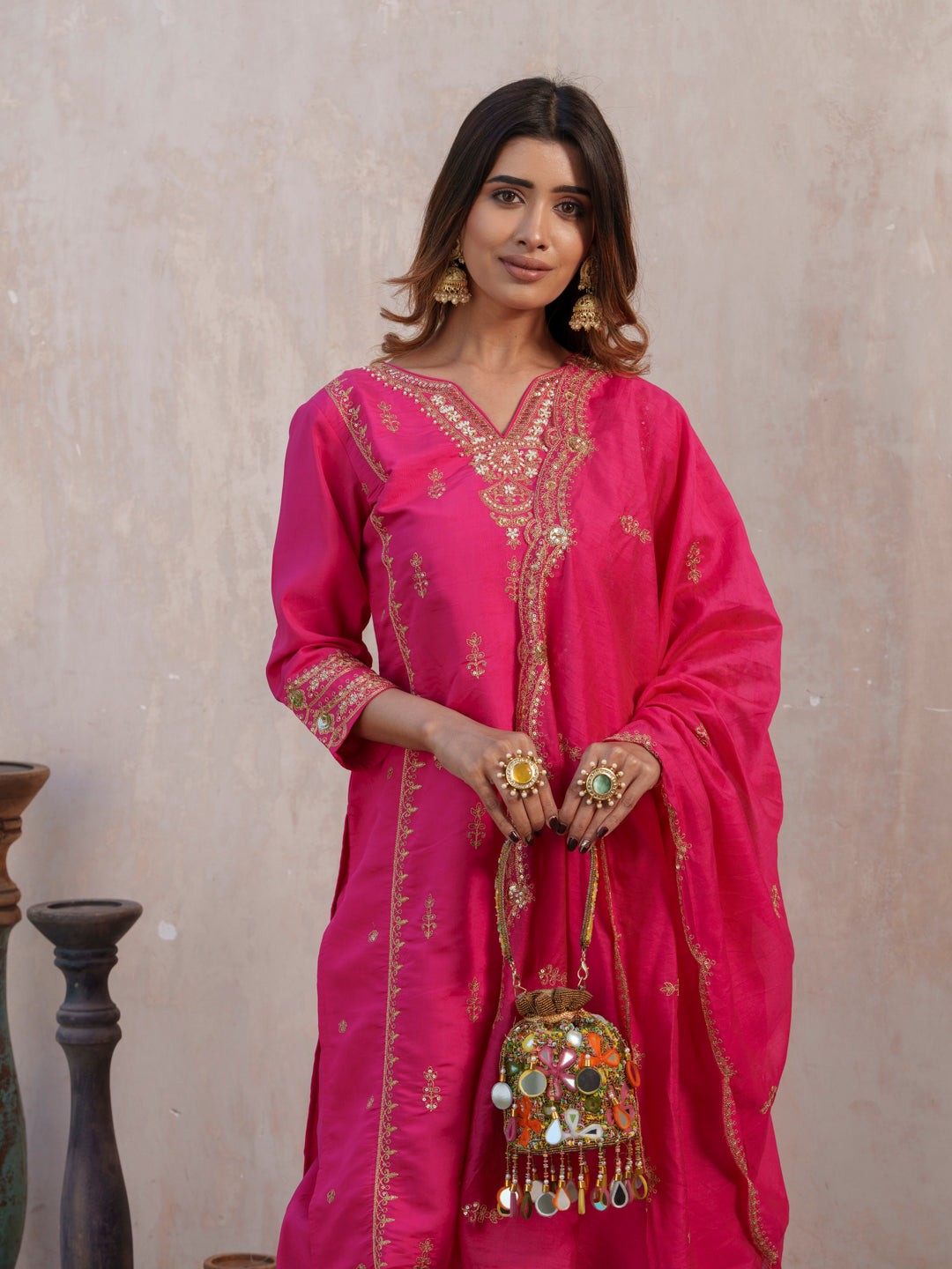 Floral Embroidered Notch Neck Straight Kurta With Trouser & Dupatta