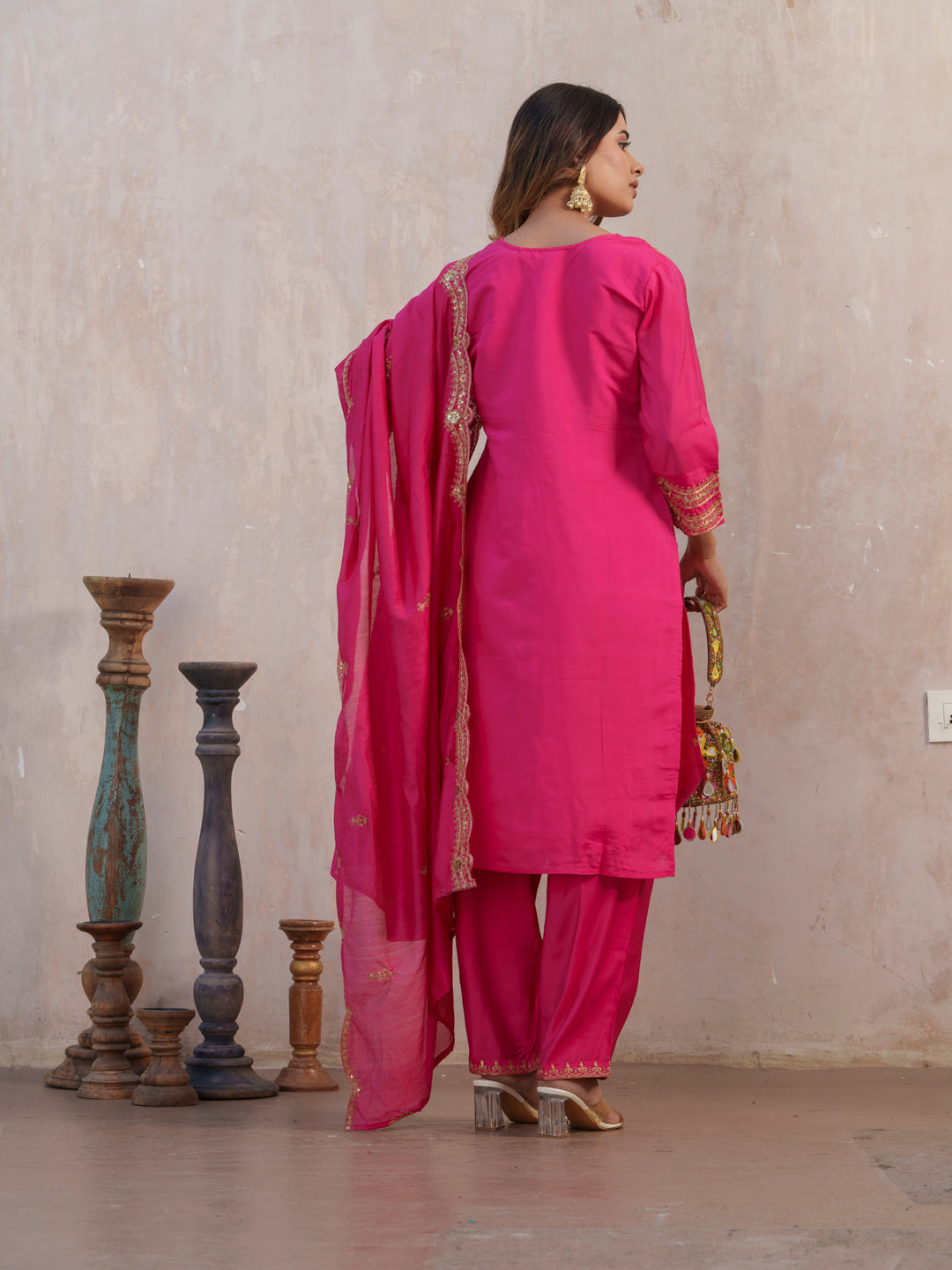 Floral Embroidered Notch Neck Straight Kurta With Trouser & Dupatta