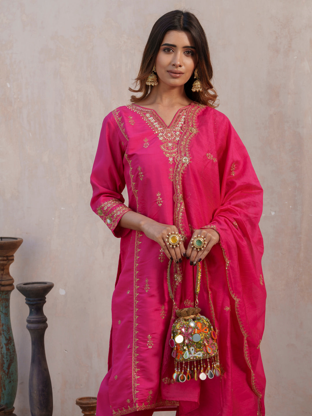 Floral Embroidered Notch Neck Straight Kurta With Trouser & Dupatta