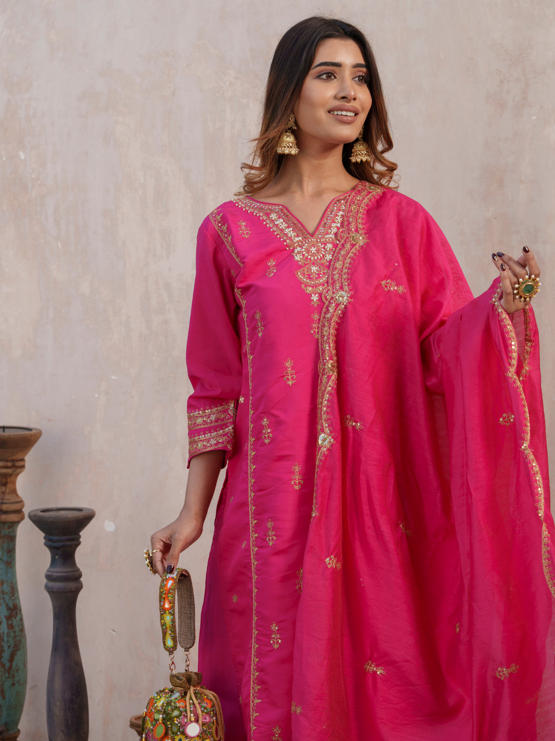 Floral Embroidered Notch Neck Straight Kurta With Trouser & Dupatta