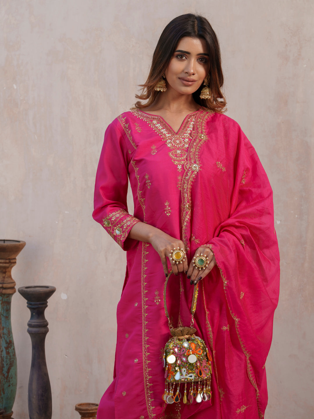 Floral Embroidered Notch Neck Straight Kurta With Trouser & Dupatta