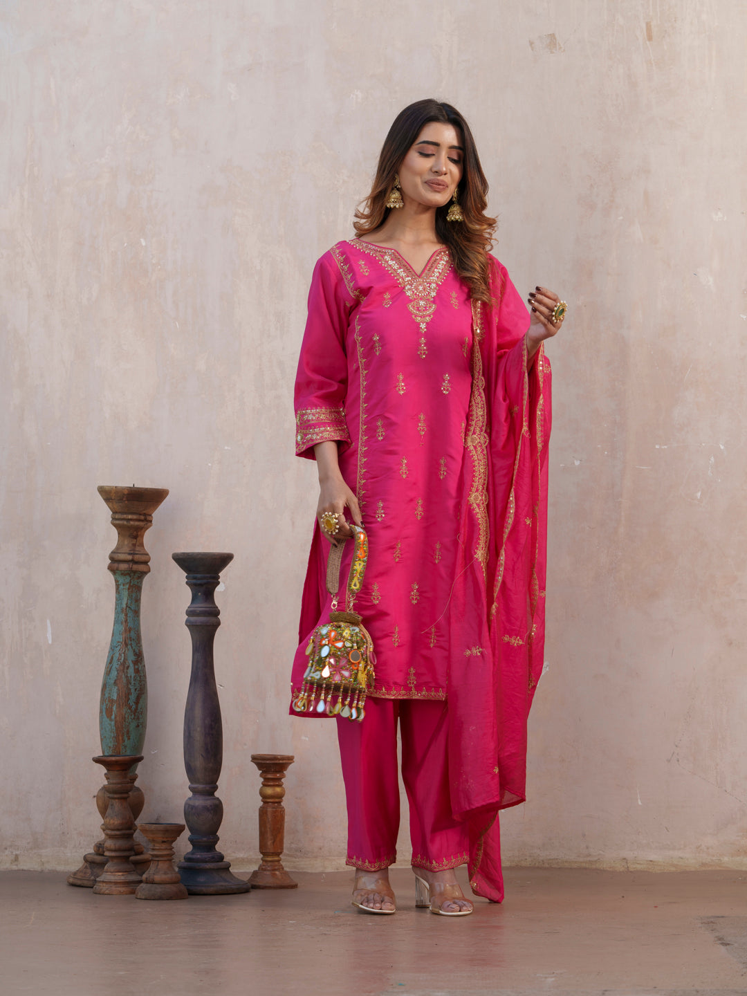 Floral Embroidered Notch Neck Straight Kurta With Trouser & Dupatta