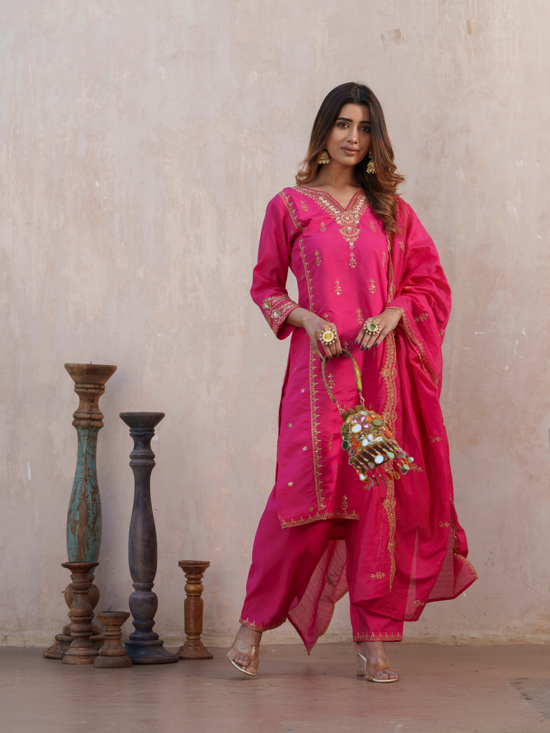 Floral Embroidered Notch Neck Straight Kurta With Trouser & Dupatta