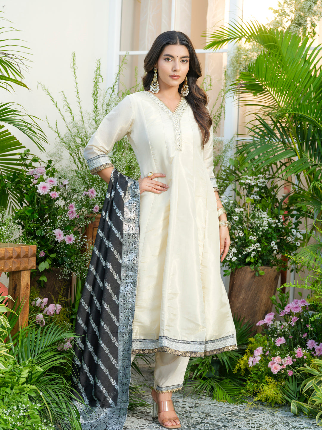 White Embroidered Neckline A line Kurta with Trouser and Black Printed Dupatta