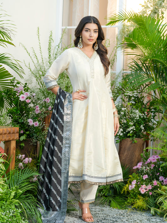 White Embroidered Neckline A line Kurta with Trouser and Black Printed Dupatta
