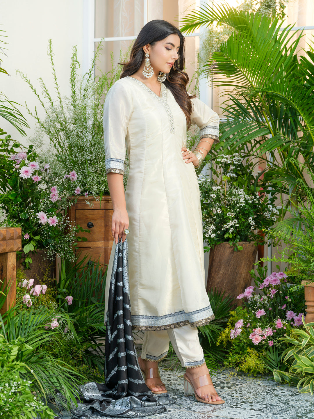 White Embroidered Neckline A line Kurta with Trouser and Black Printed Dupatta