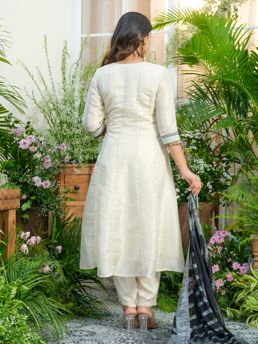 White Embroidered Neckline A line Kurta with Trouser and Black Printed Dupatta
