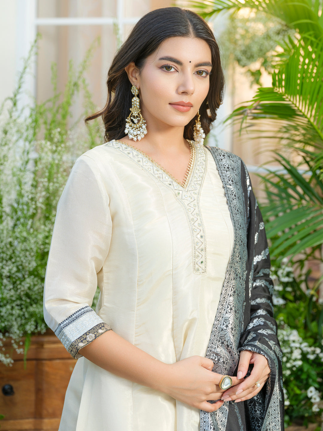 White Embroidered Neckline A line Kurta with Trouser and Black Printed Dupatta