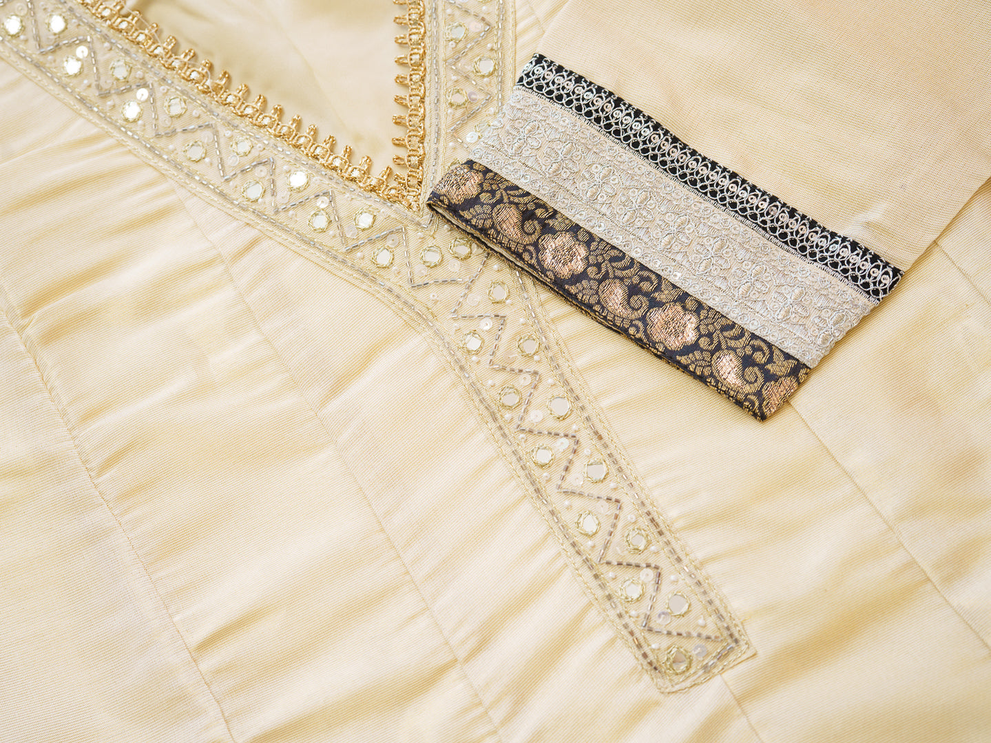 White Embroidered Neckline A line Kurta with Trouser and Black Printed Dupatta