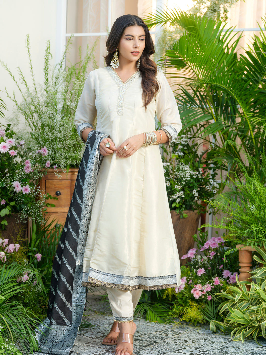 White Embroidered Neckline A line Kurta with Trouser and Black Printed Dupatta