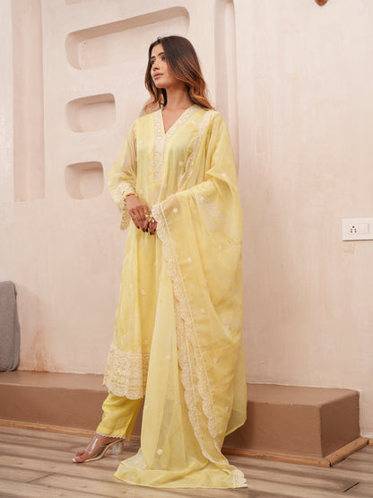 Floral Embroidered Straight Kurta & Trousers With Dupatta