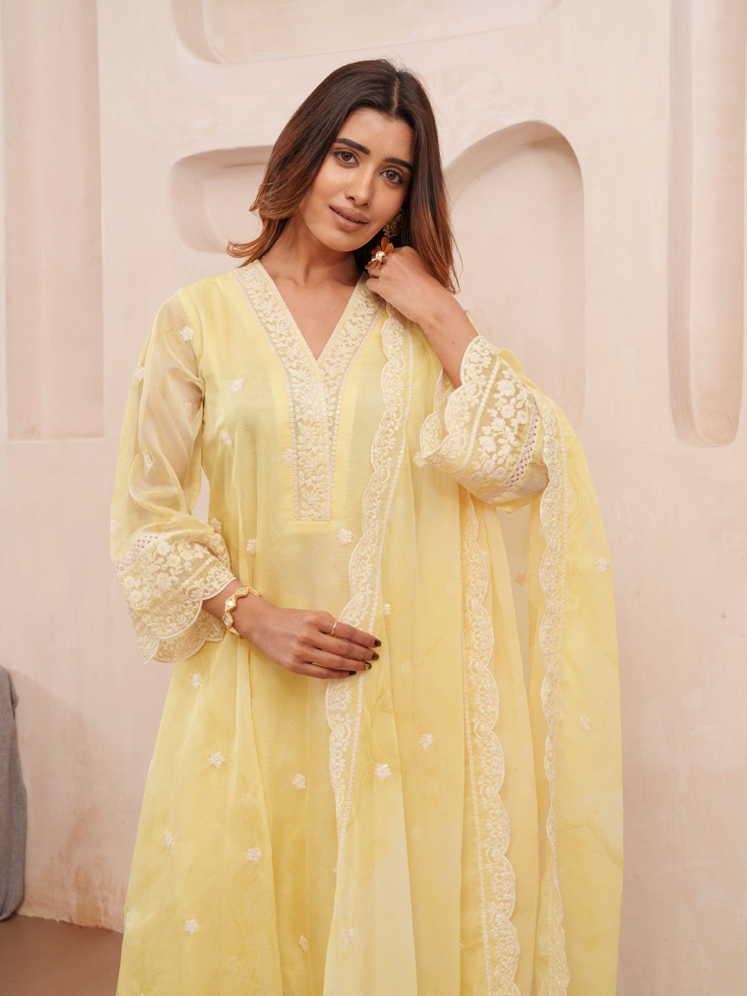 Floral Embroidered Straight Kurta & Trousers With Dupatta