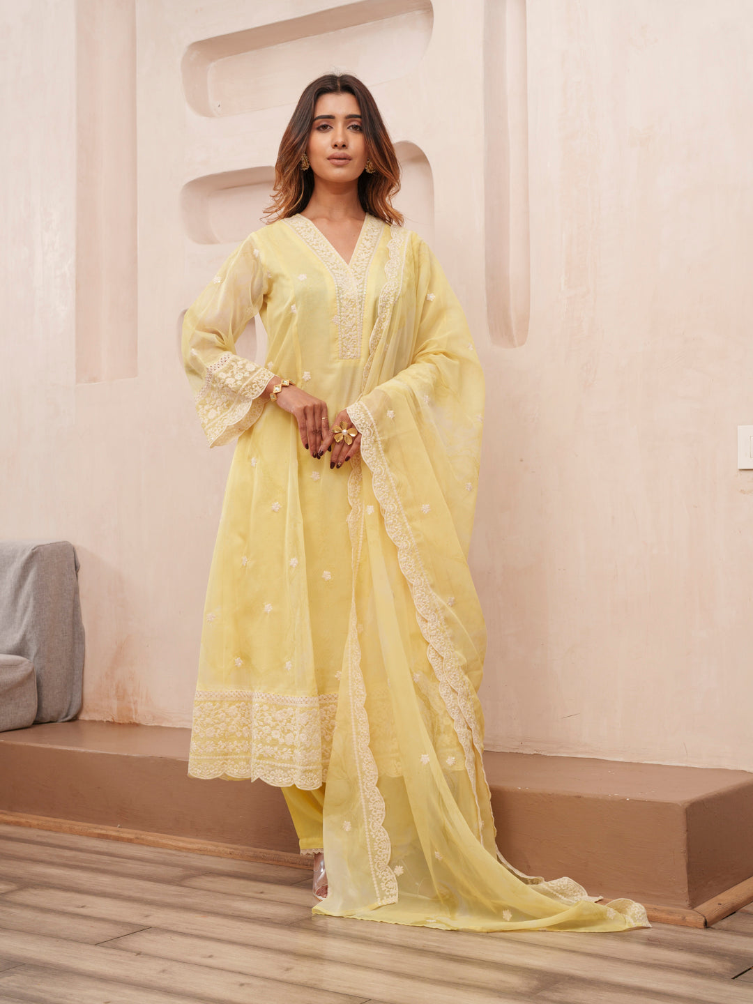 Floral Embroidered Straight Kurta & Trousers With Dupatta