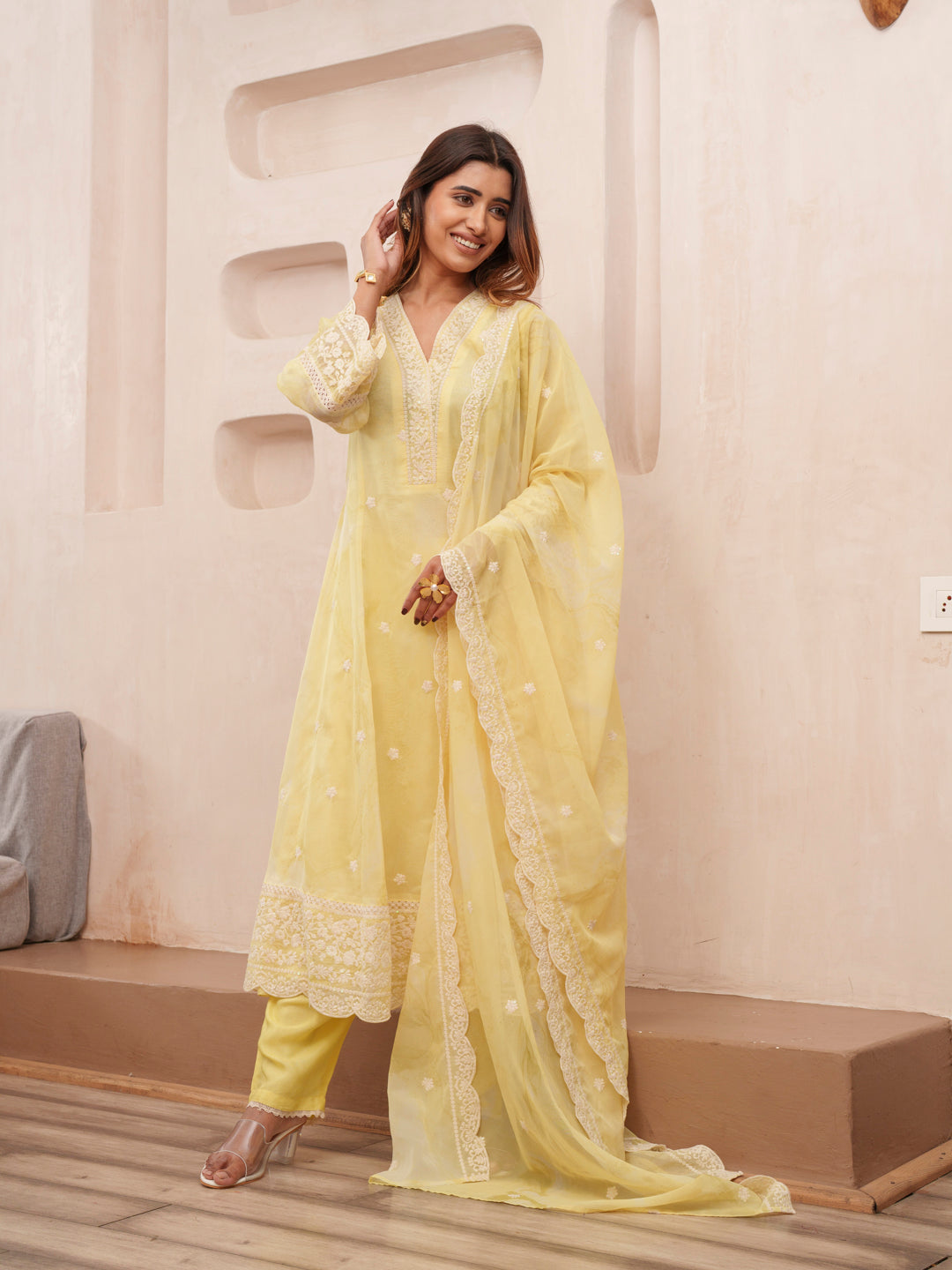 Floral Embroidered Straight Kurta & Trousers With Dupatta