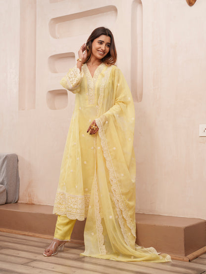 Floral Embroidered Straight Kurta & Trousers With Dupatta