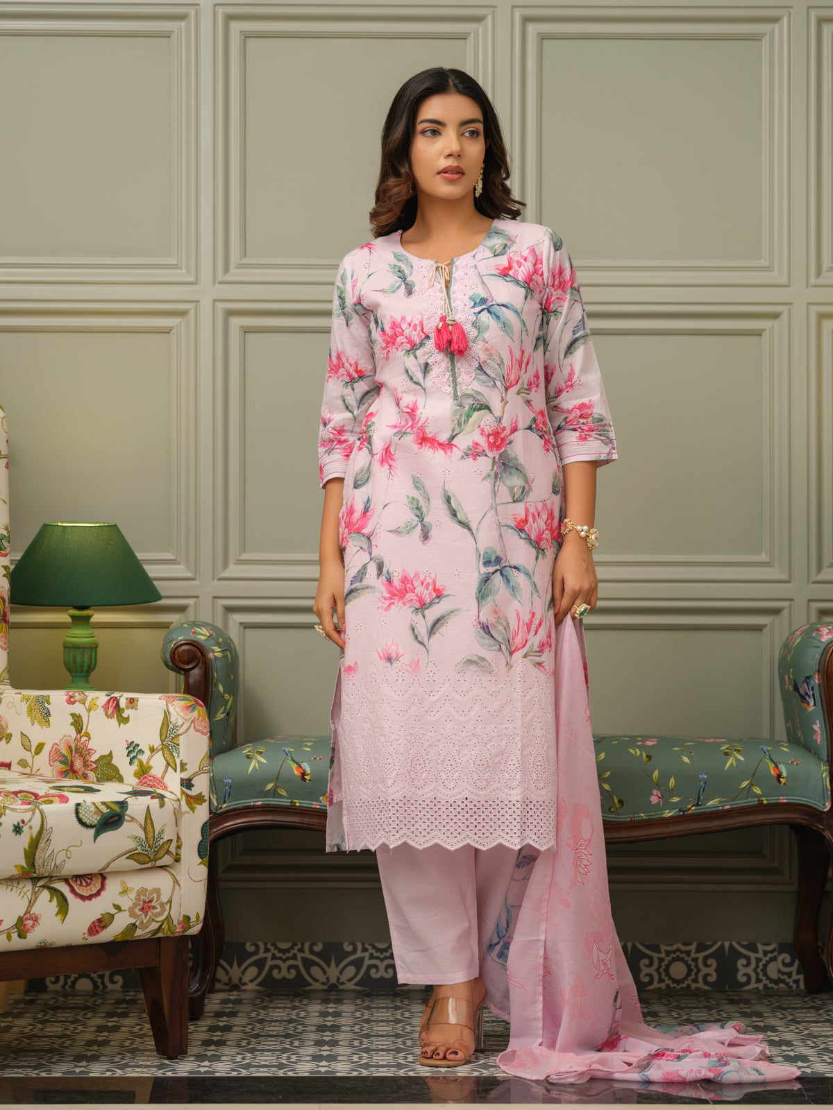 Women Floral Printed Cotton Kurta with Trousers & Dupatta