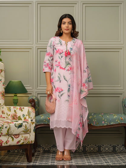 Women Floral Printed Cotton Kurta with Trousers & Dupatta