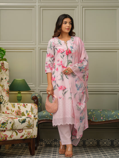 Women Floral Printed Cotton Kurta with Trousers & Dupatta