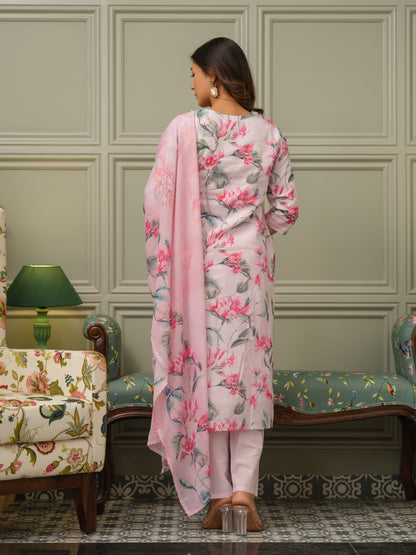 Women Floral Printed Cotton Kurta with Trousers & Dupatta