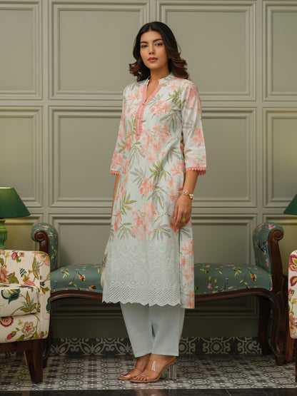 Women Floral Printed Cotton Kurta with Trousers