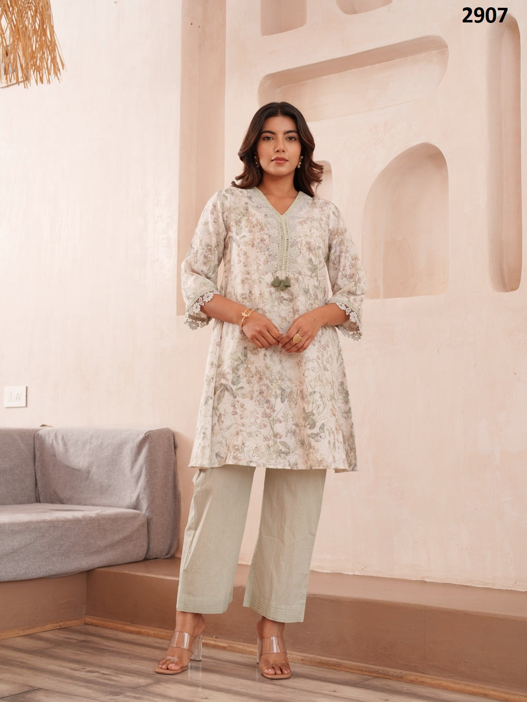 Floral Printed V-Neck Pure Cotton Tunic And Trousers