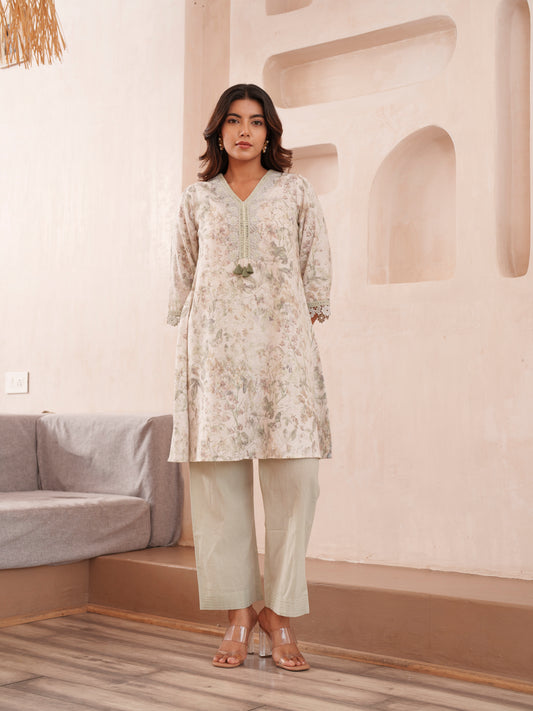 Floral Printed V-Neck Pure Cotton Tunic And Trousers
