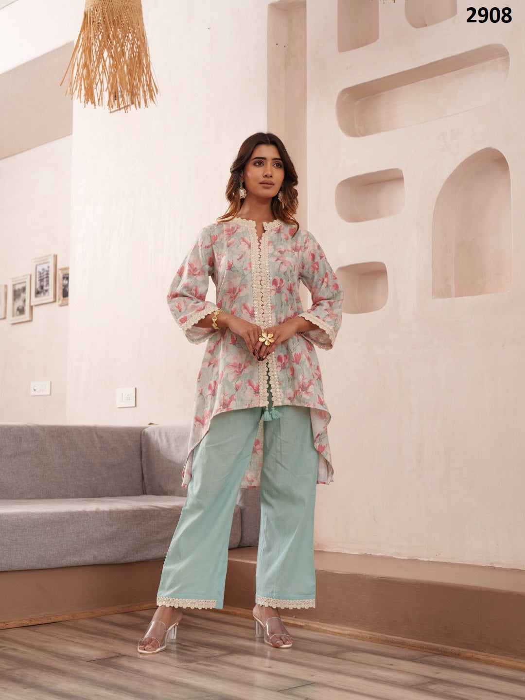 Floral Printed Mandarin Collar Pure Cotton Tunic And Trousers