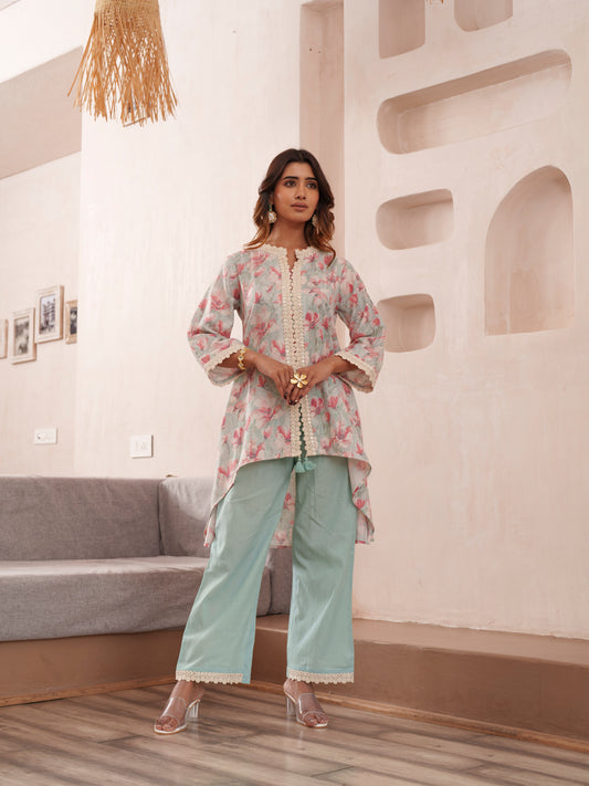 Floral Printed Mandarin Collar Pure Cotton Tunic And Trousers